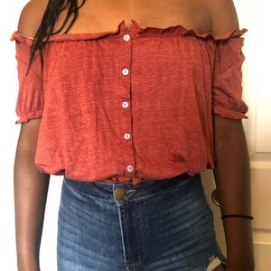 Off the shoulder button up top
